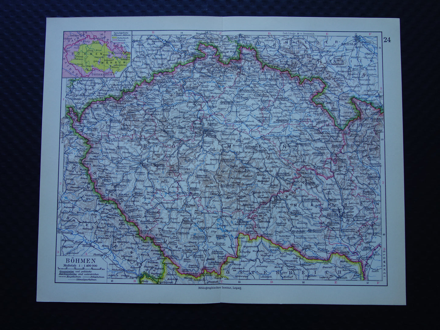 CZECH REPUBLIC old map of Czech Republic original vintage of Bohemia and Moravia in 1928