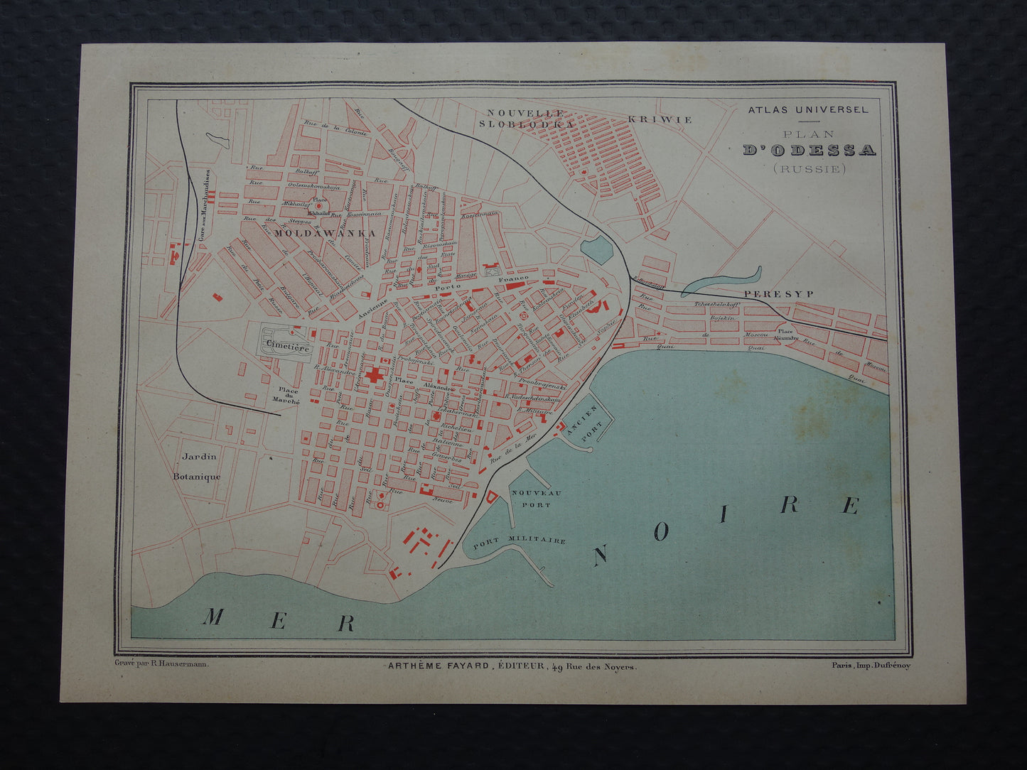 ODESSA antieke plattegrond uit 1877 Originele Franse oude kaart Odessa Oekraïne