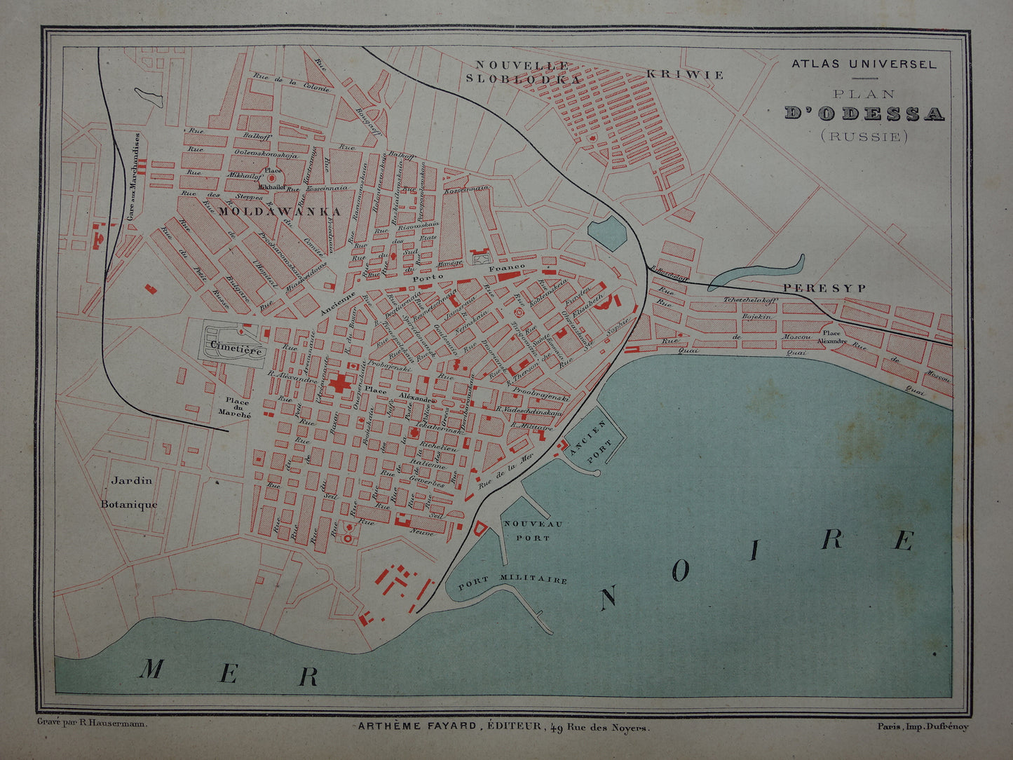 ODESSA antieke plattegrond uit 1877 Originele Franse oude kaart Odessa Oekraïne