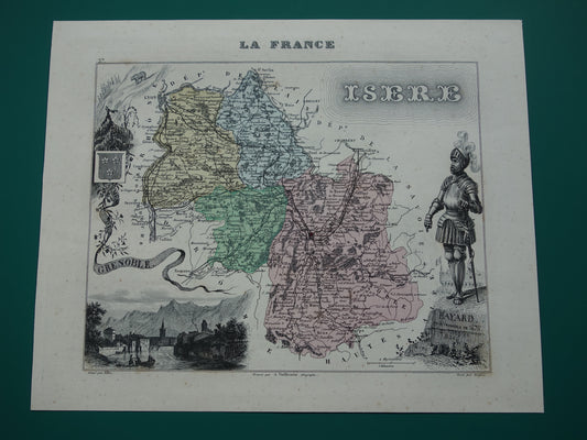 Isère Frankrijk Oude kaart uit 1870 originele antieke handgekleurde landkaart Isère departement Grenoble