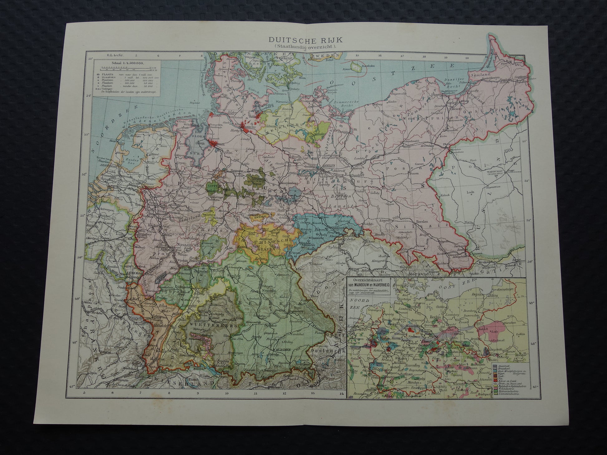 DUITSLAND Oude Nederlandse kaart van Duitse Rijk uit 1907 originele antieke landkaart met mijnbouw inzetkaart