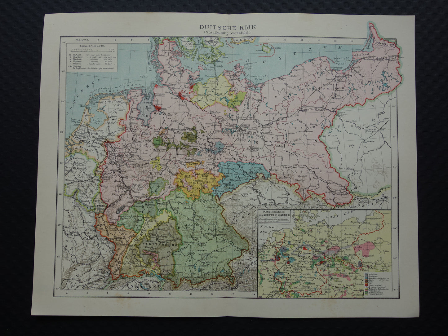 GERMANY Old Dutch map of the German Empire from 1907 original antique map with mining inset map