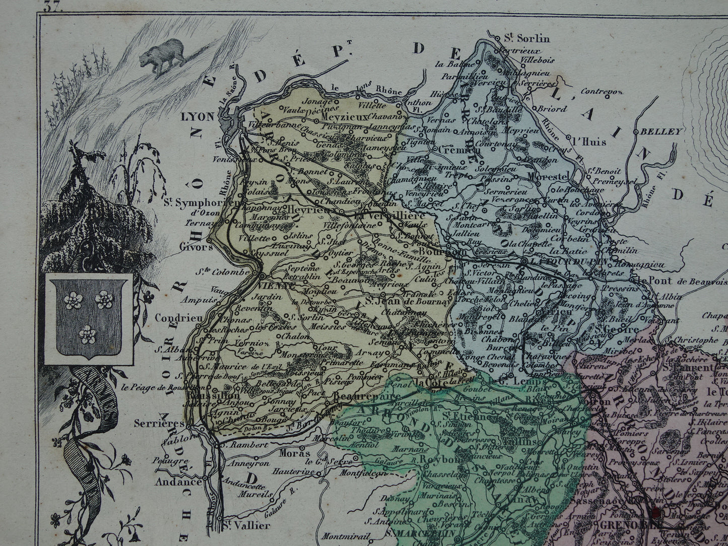 Isère France Old map from 1870 original antique hand-colored map Isère department Grenoble