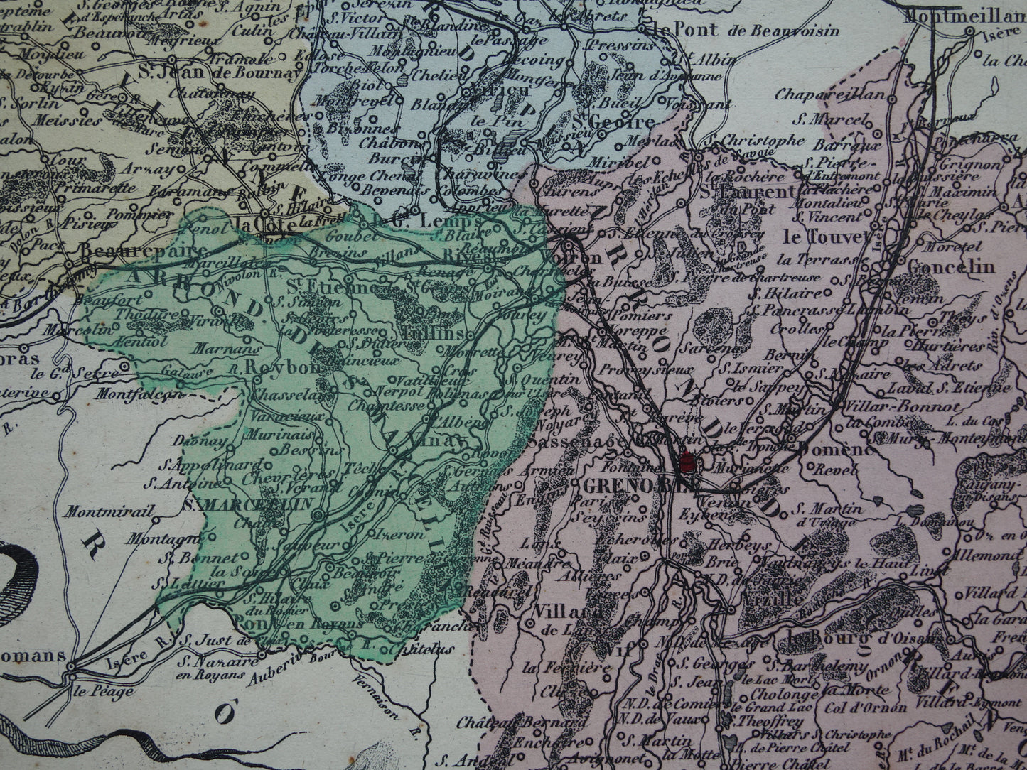 Isère France Old map from 1870 original antique hand-colored map Isère department Grenoble