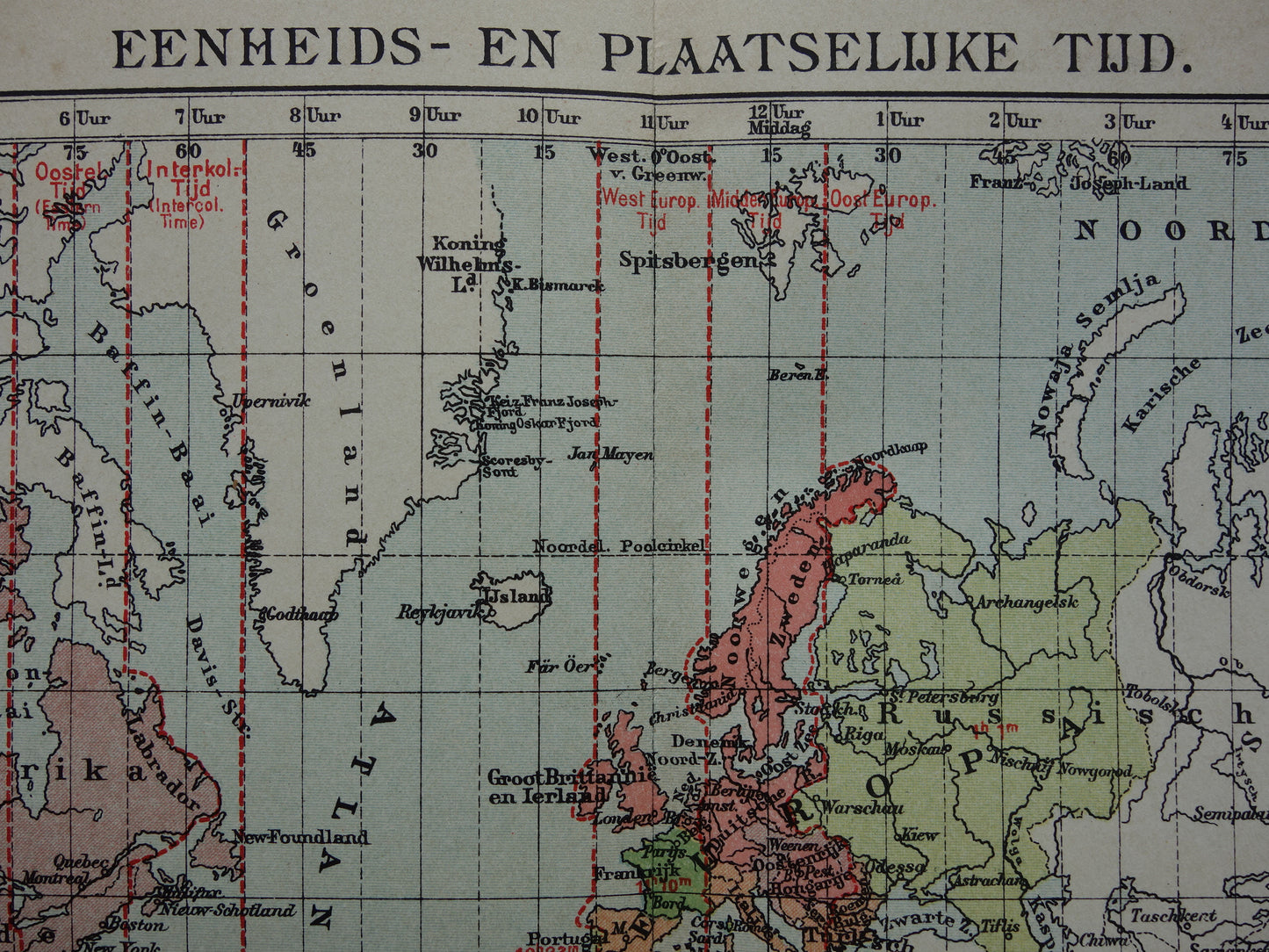 WORLD MAP old map of the world with time zones 1907 original antique Dutch map historical maps winter time summer time