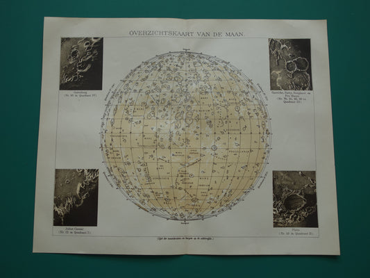 Oude kaart van de Maan originele antieke print zichtbare zijde van de maan - Nederlandse maankaart uit 1919