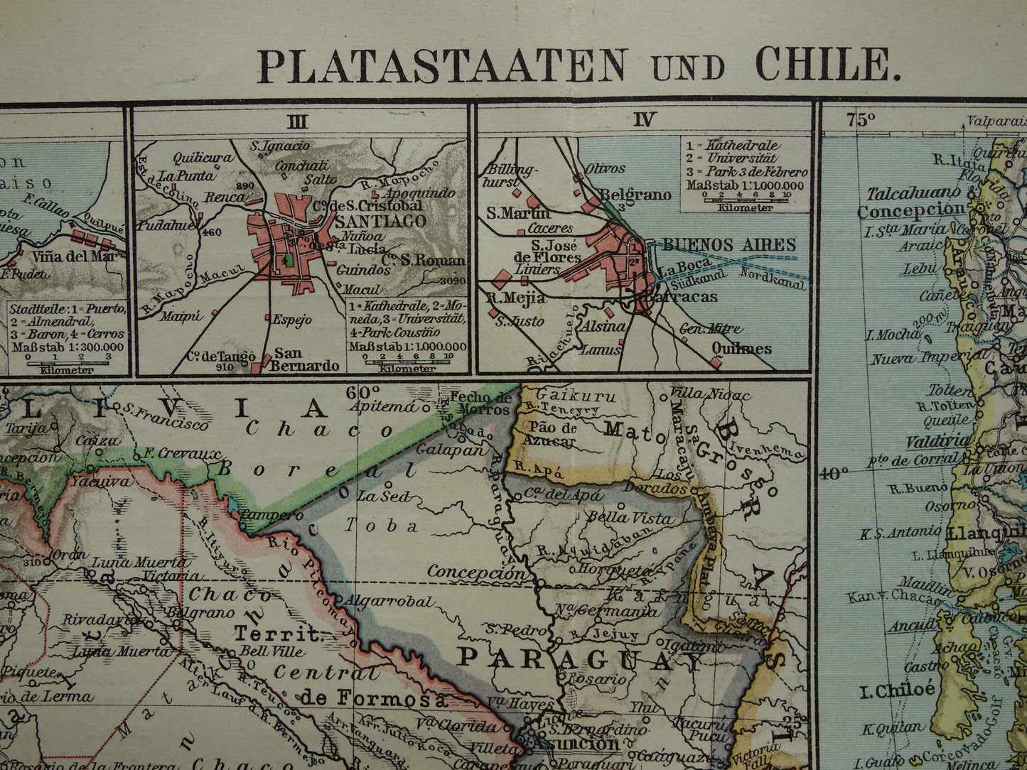 Argentina and Chile old map from 1921 original antique German map