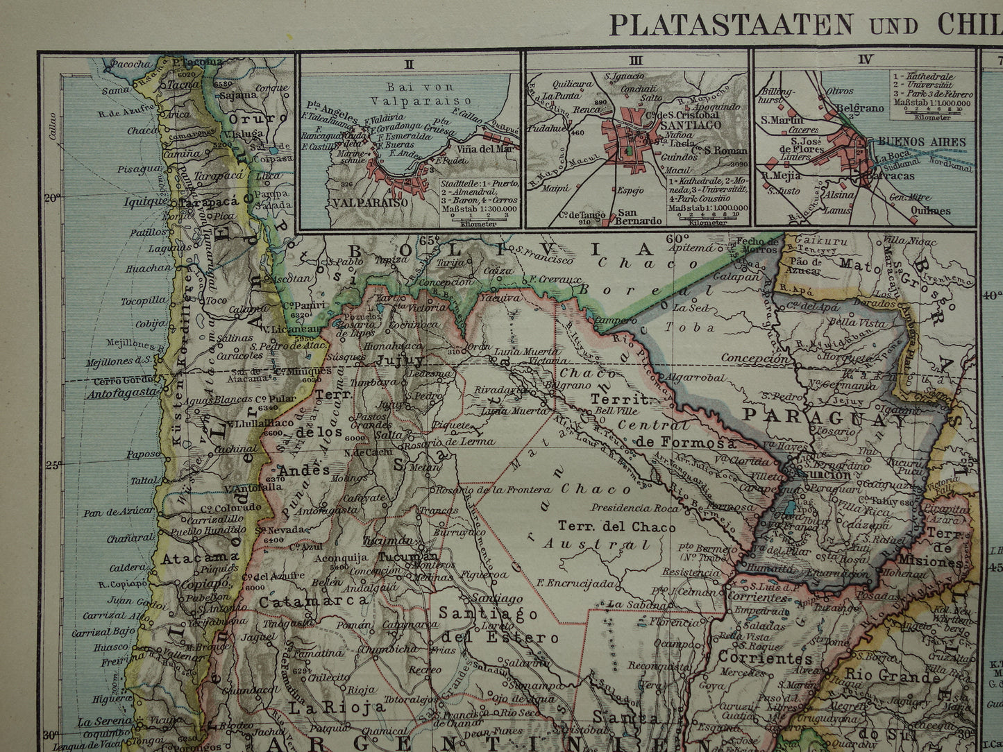 Argentina and Chile old map from 1921 original antique German map