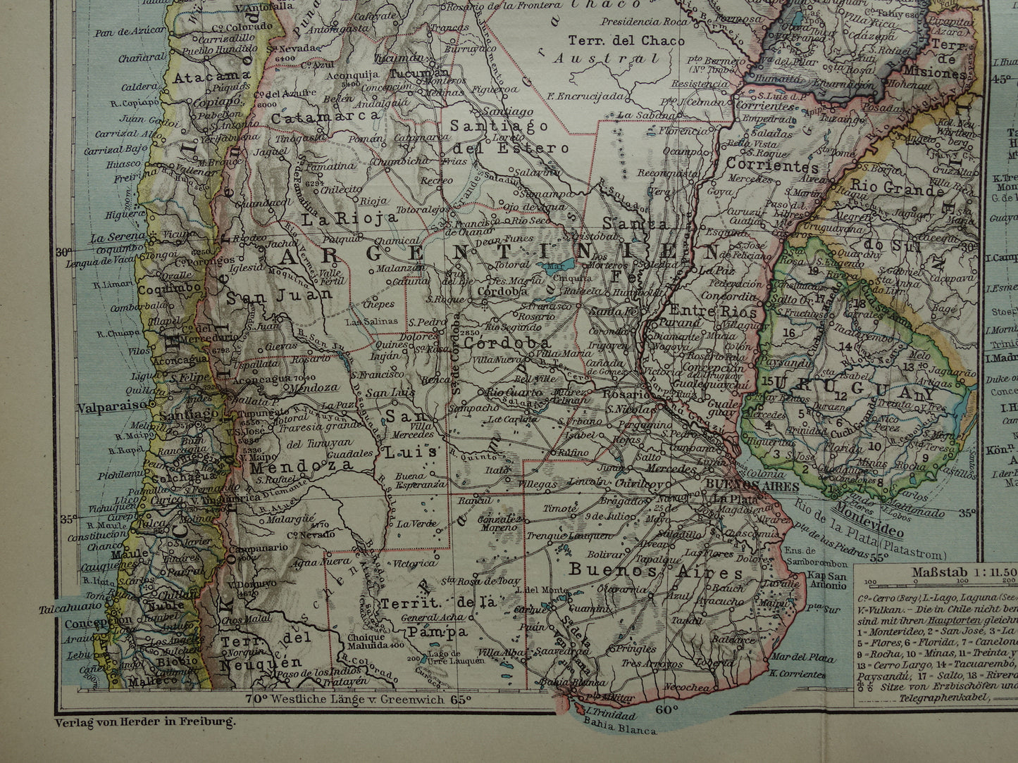 Argentina and Chile old map from 1921 original antique German map