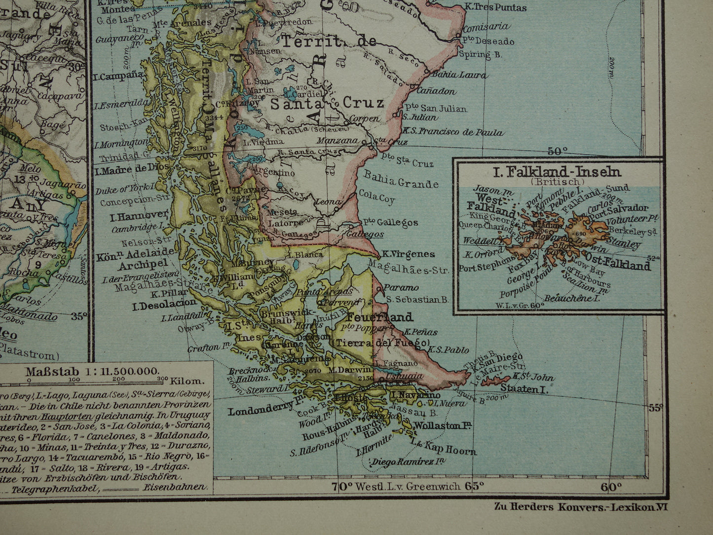 Argentina and Chile old map from 1921 original antique German map