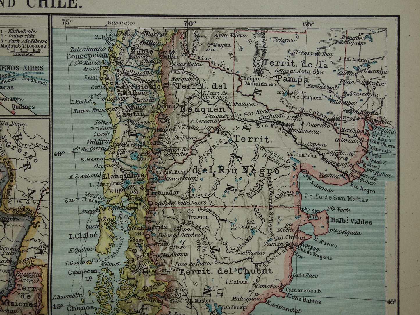 Argentina and Chile old map from 1921 original antique German map