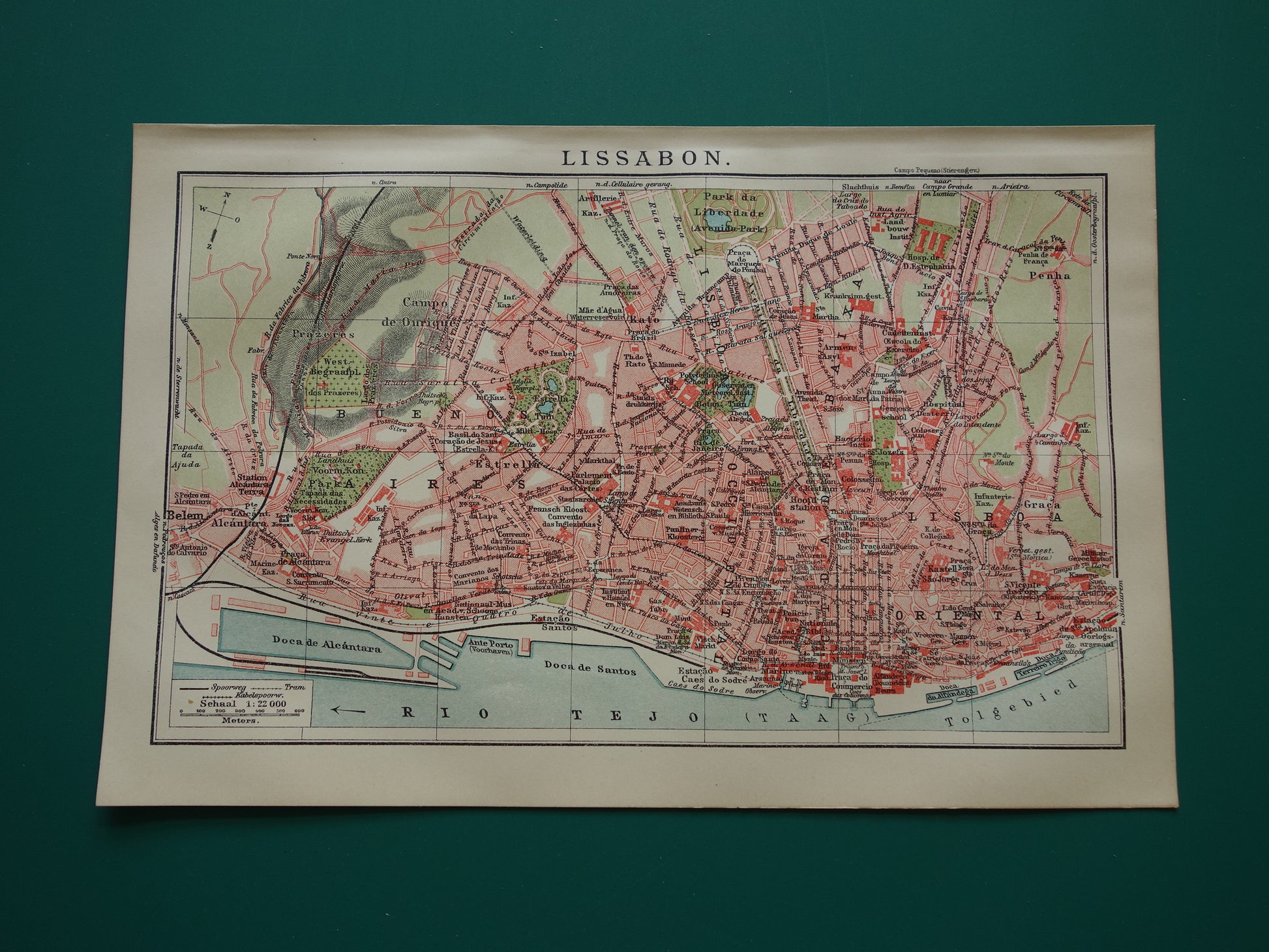 LISSABON oude kaart van Lissabon Portugal uit 1919 kleine originele antieke plattegrond vintage landkaart