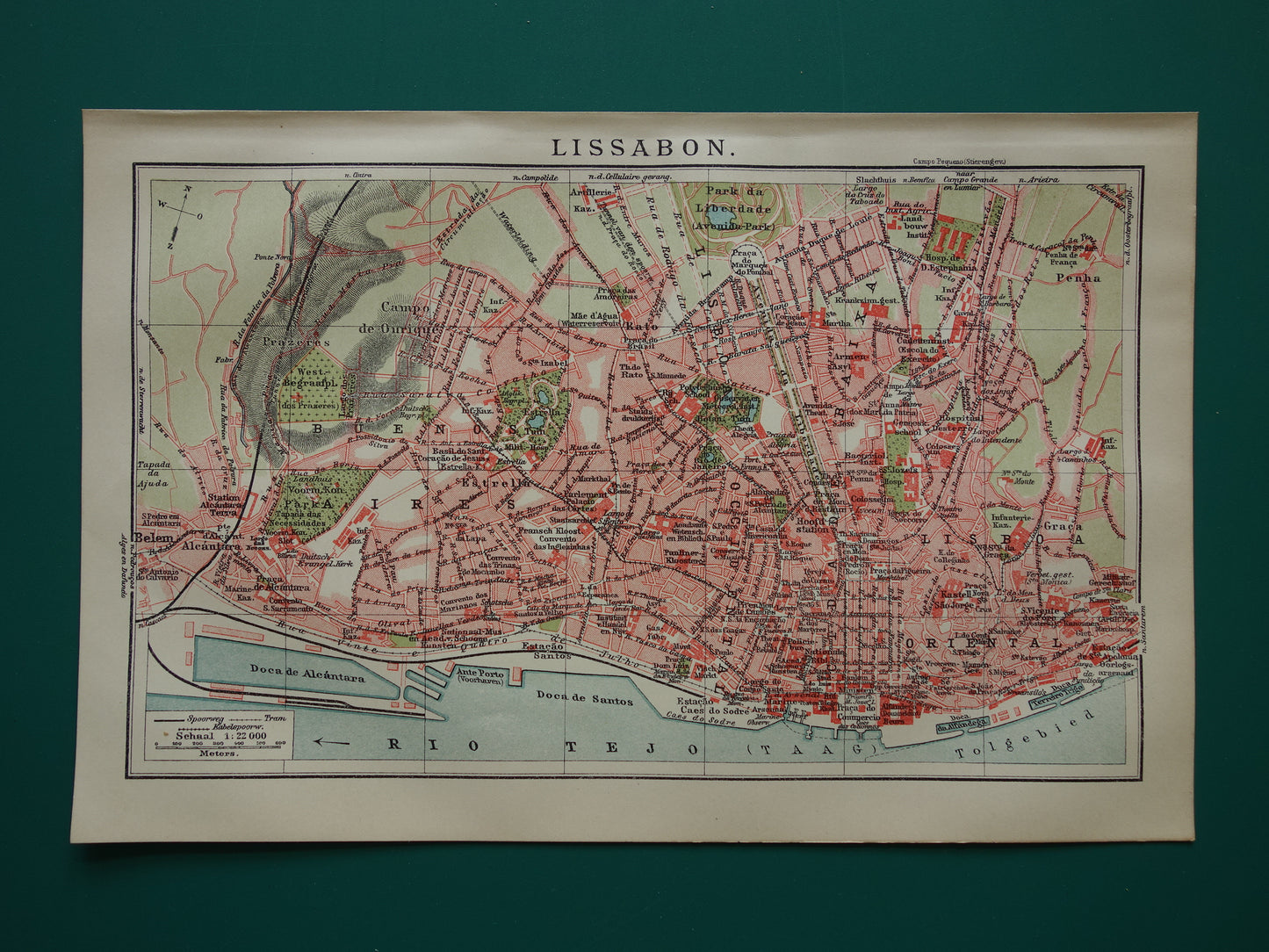 Small Old map of Lisbon Portugal from 1919