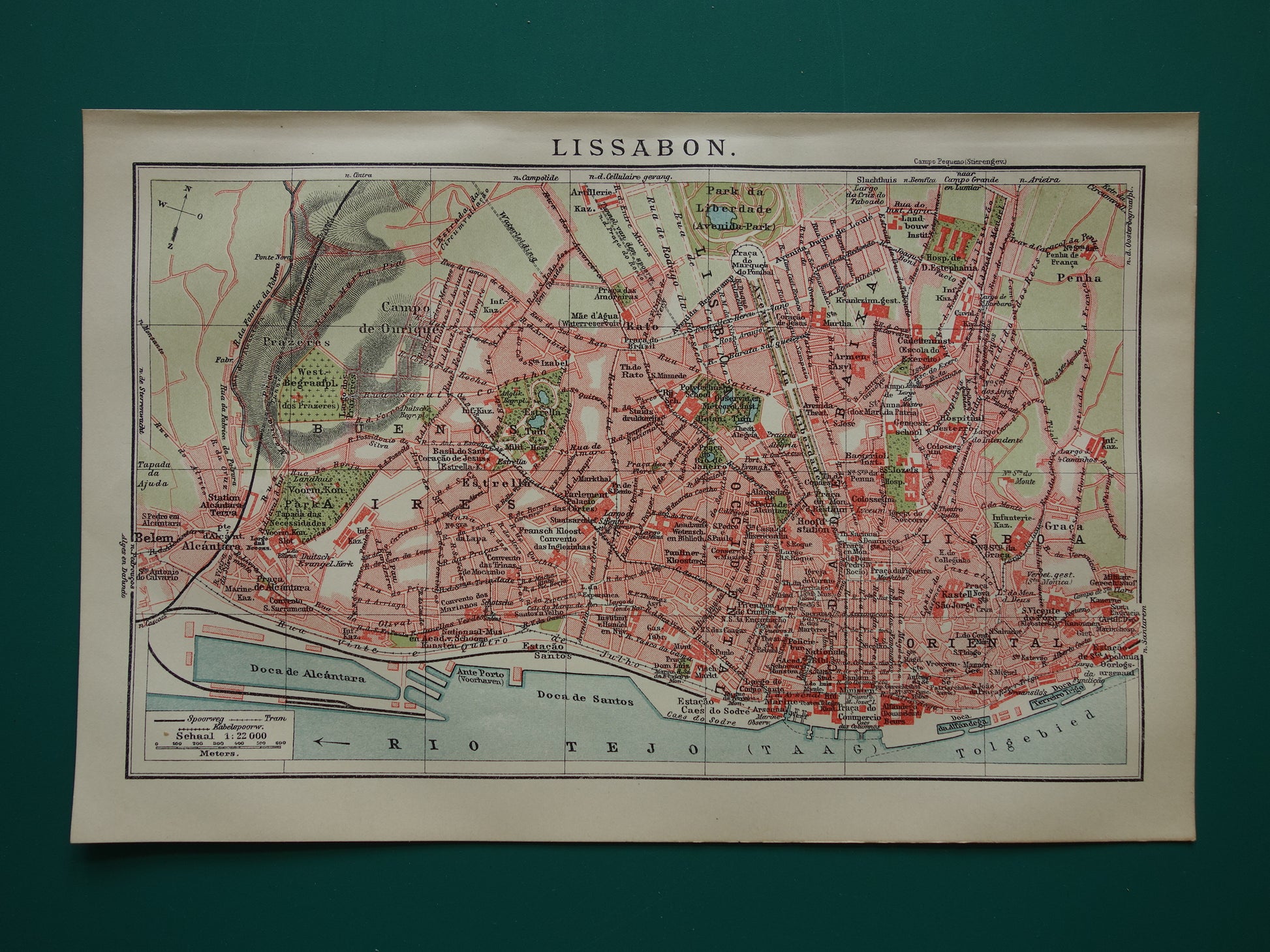Small Old map of Lisbon Portugal from 1919