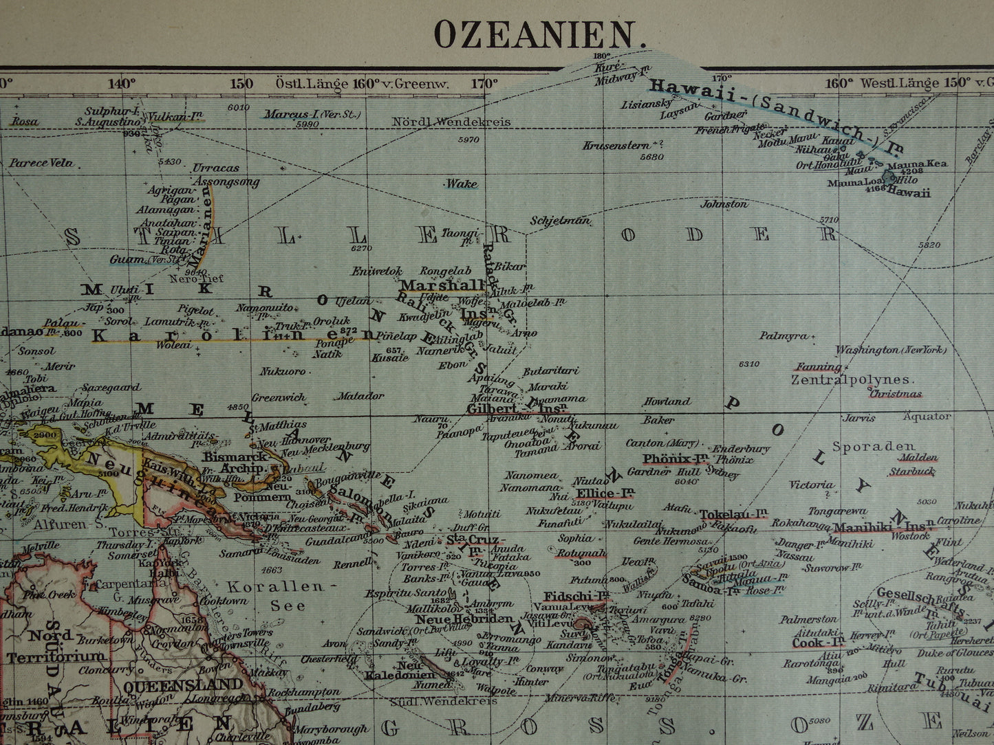 Oceania old map from 1921 original antique German map continent