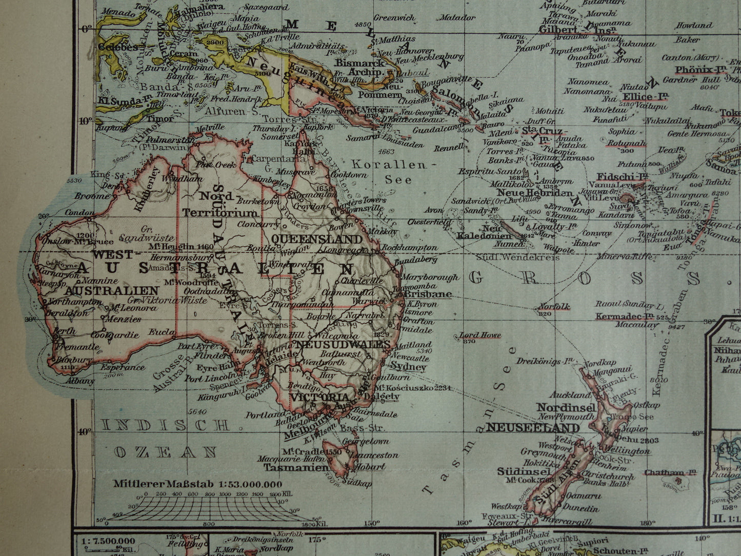 Oceania old map from 1921 original antique German map continent