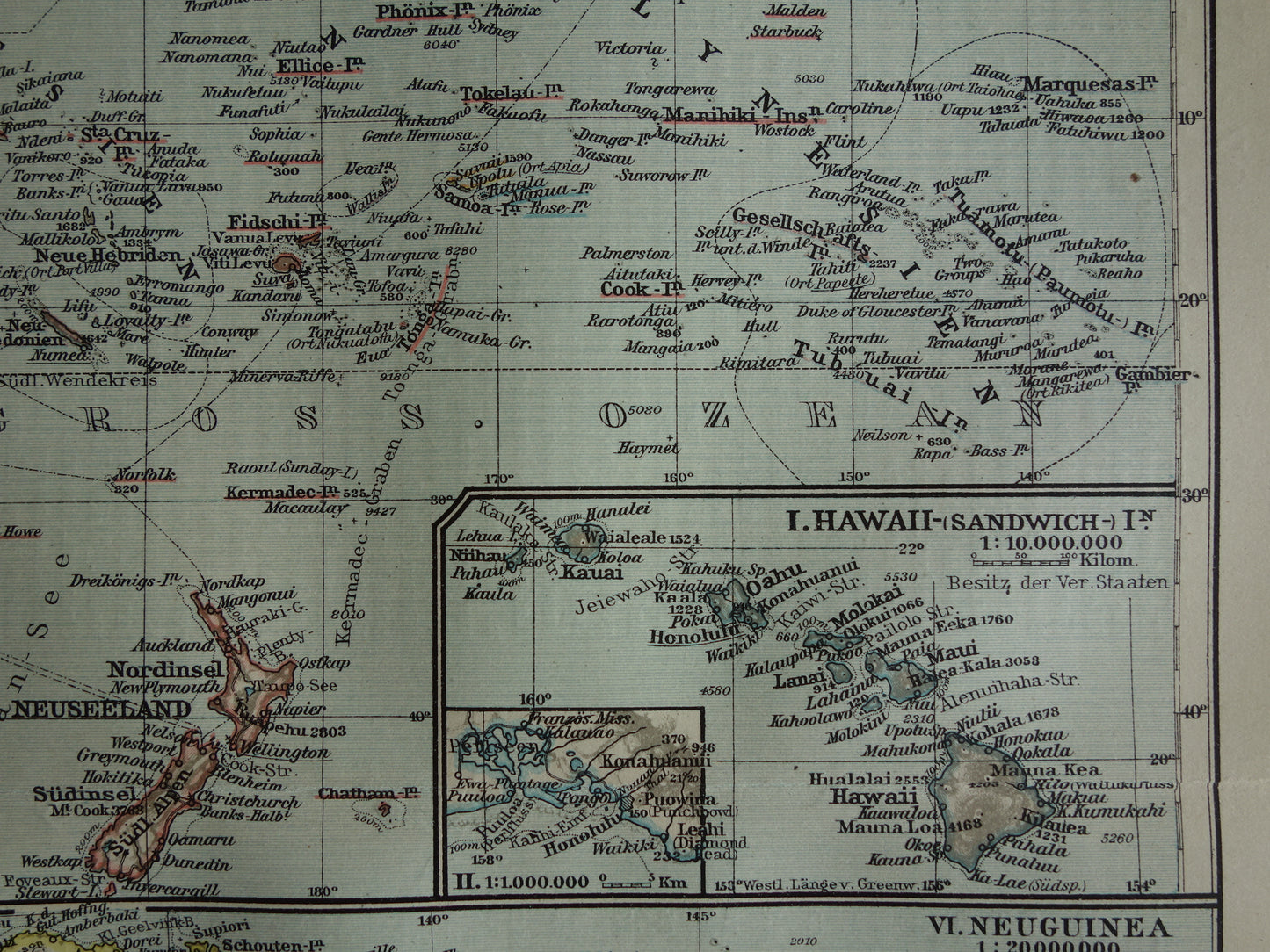 Oceania old map from 1921 original antique German map continent