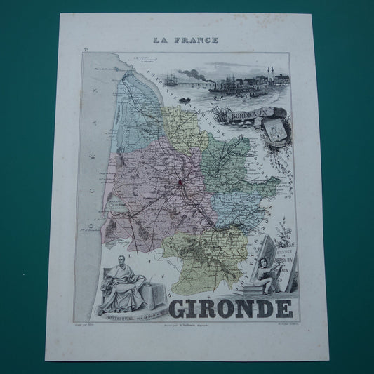 GIRONDE Frankrijk Oude kaart uit 1870 originele antieke handgekleurde landkaart Bordeaux