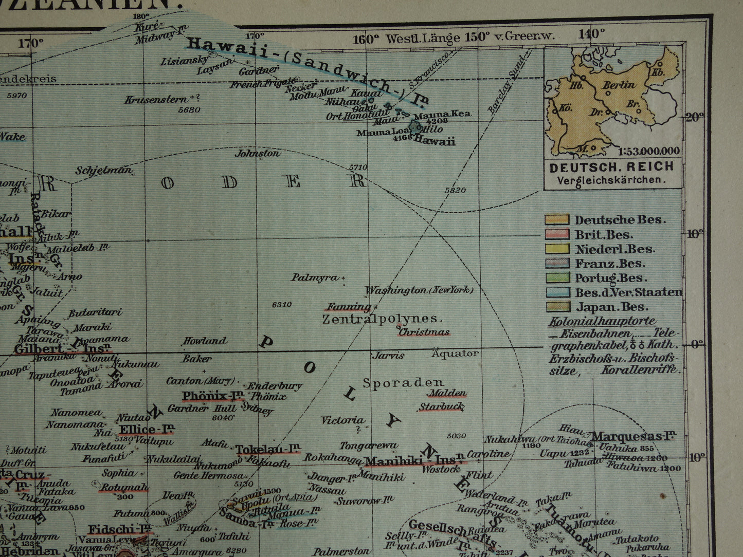 Oceania old map from 1921 original antique German map continent