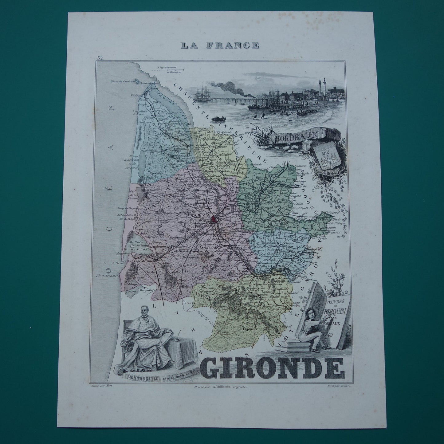 GIRONDE France Old map from 1870 original antique hand-colored map Bordeaux