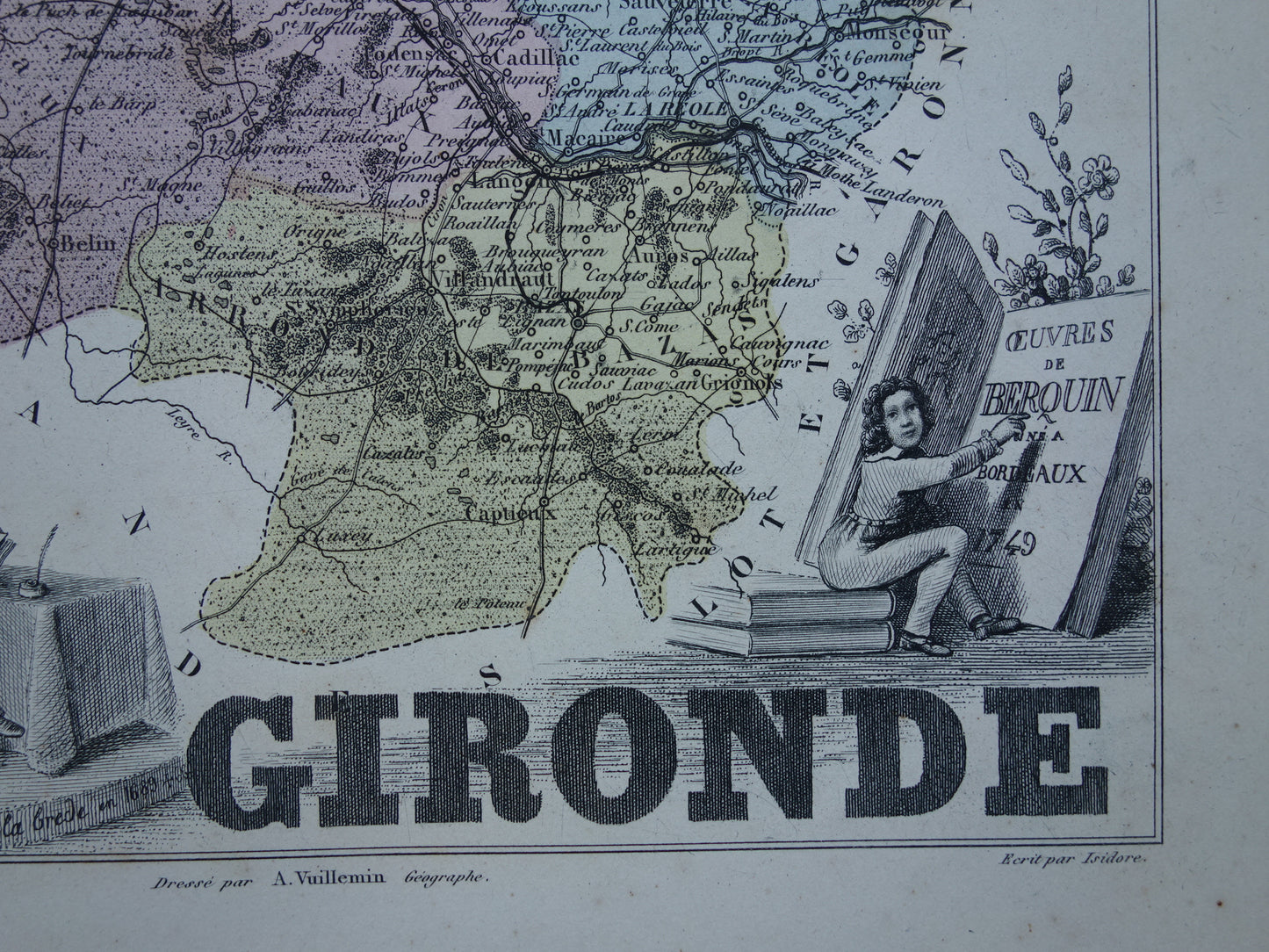 GIRONDE France Old map from 1870 original antique hand-colored map Bordeaux