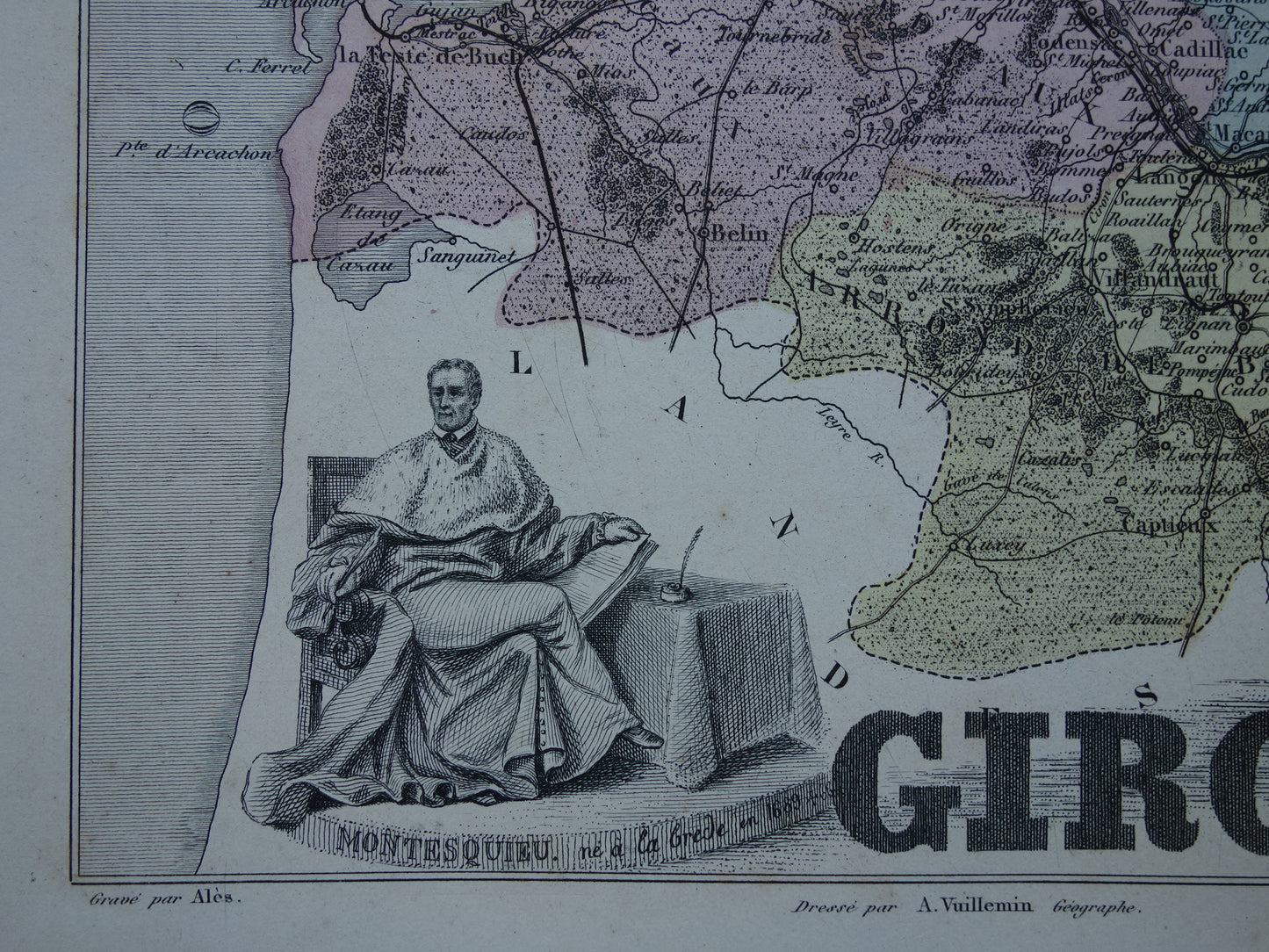 GIRONDE France Old map from 1870 original antique hand-colored map Bordeaux