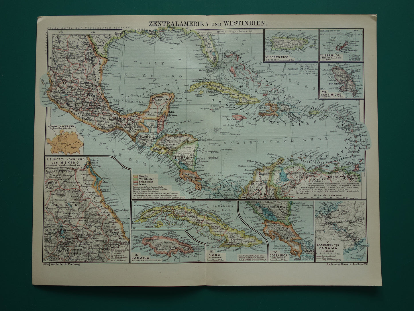 Caribbean Old map of Central America from 1921 original vintage map Panama Antilles Caribbean / Caribbean area