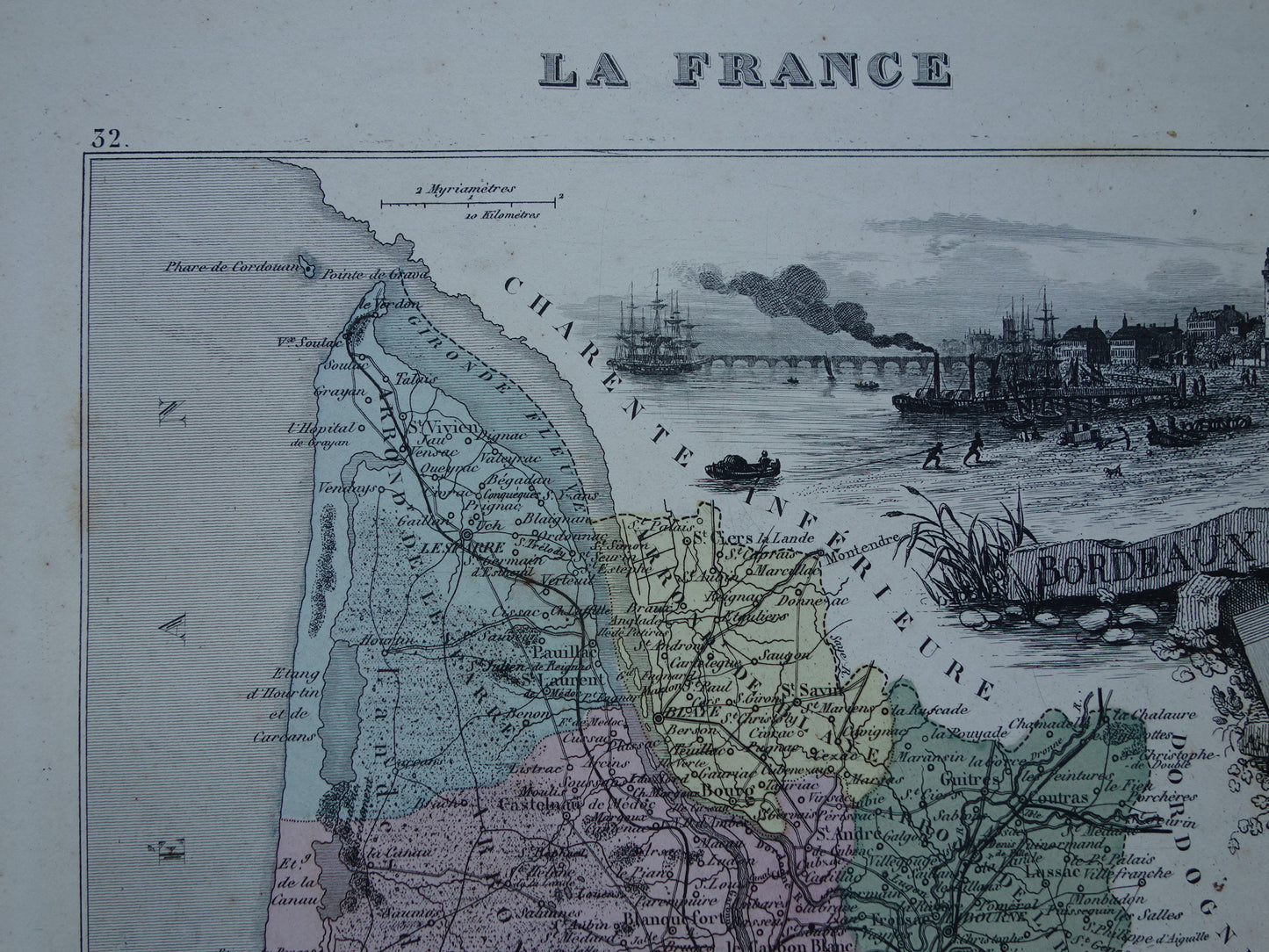 GIRONDE France Old map from 1870 original antique hand-colored map Bordeaux