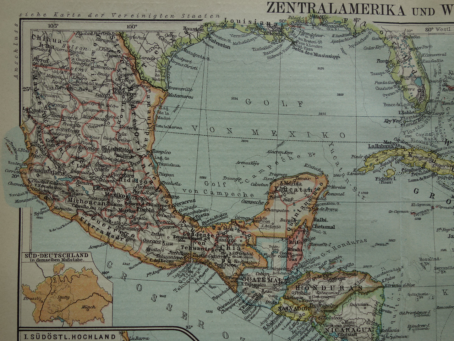 Caribbean Old map of Central America from 1921 original vintage map Panama Antilles Caribbean / Caribbean area