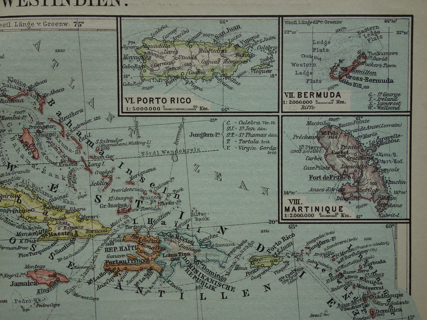 Caribbean Old map of Central America from 1921 original vintage map Panama Antilles Caribbean / Caribbean area