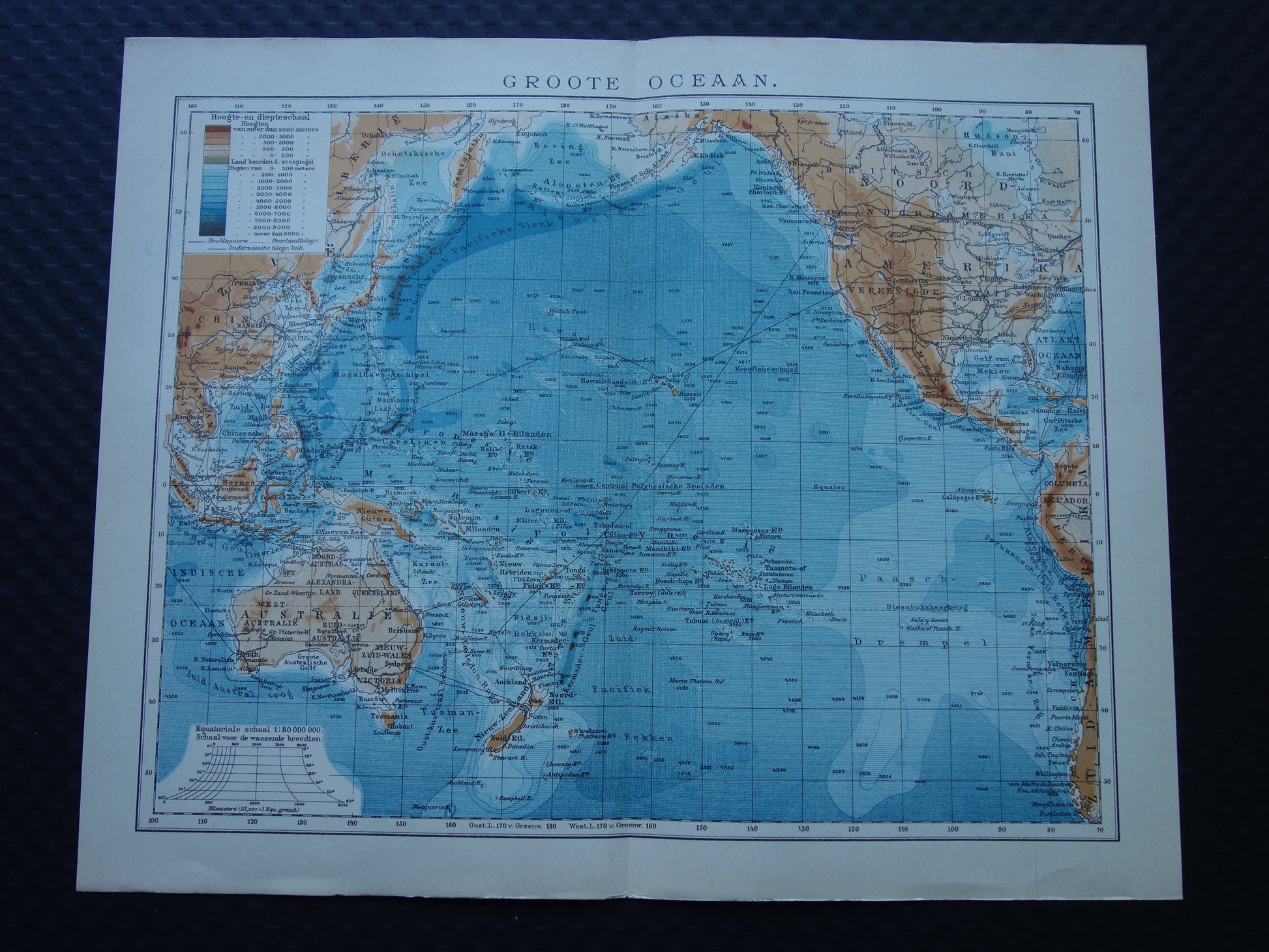 Oude kaart van de Grote Oceaan Originele 105+ jaar oude antieke Nederlandse landkaart Pacific