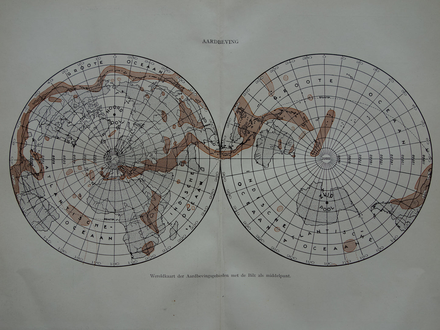 WORLD MAP old map of the world about earthquakes 1932 original Dutch map earthquake De Bilt