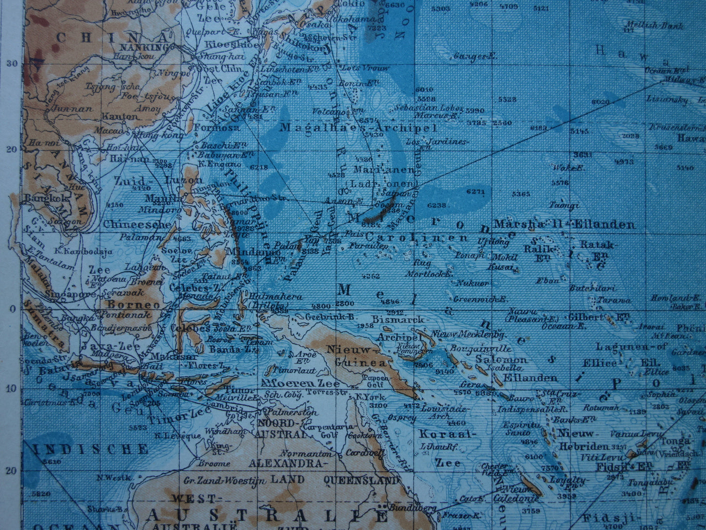 Old map of the Pacific Ocean Original 105+ year old antique Dutch map of the Pacific