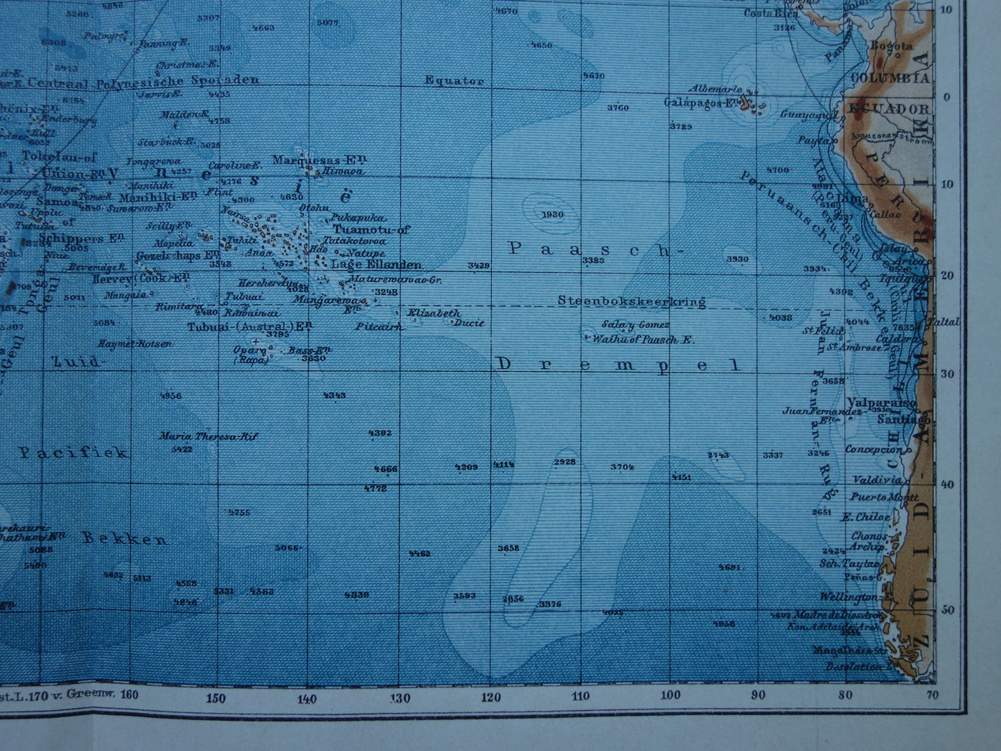 Old map of the Pacific Ocean Original 105+ year old antique Dutch map of the Pacific