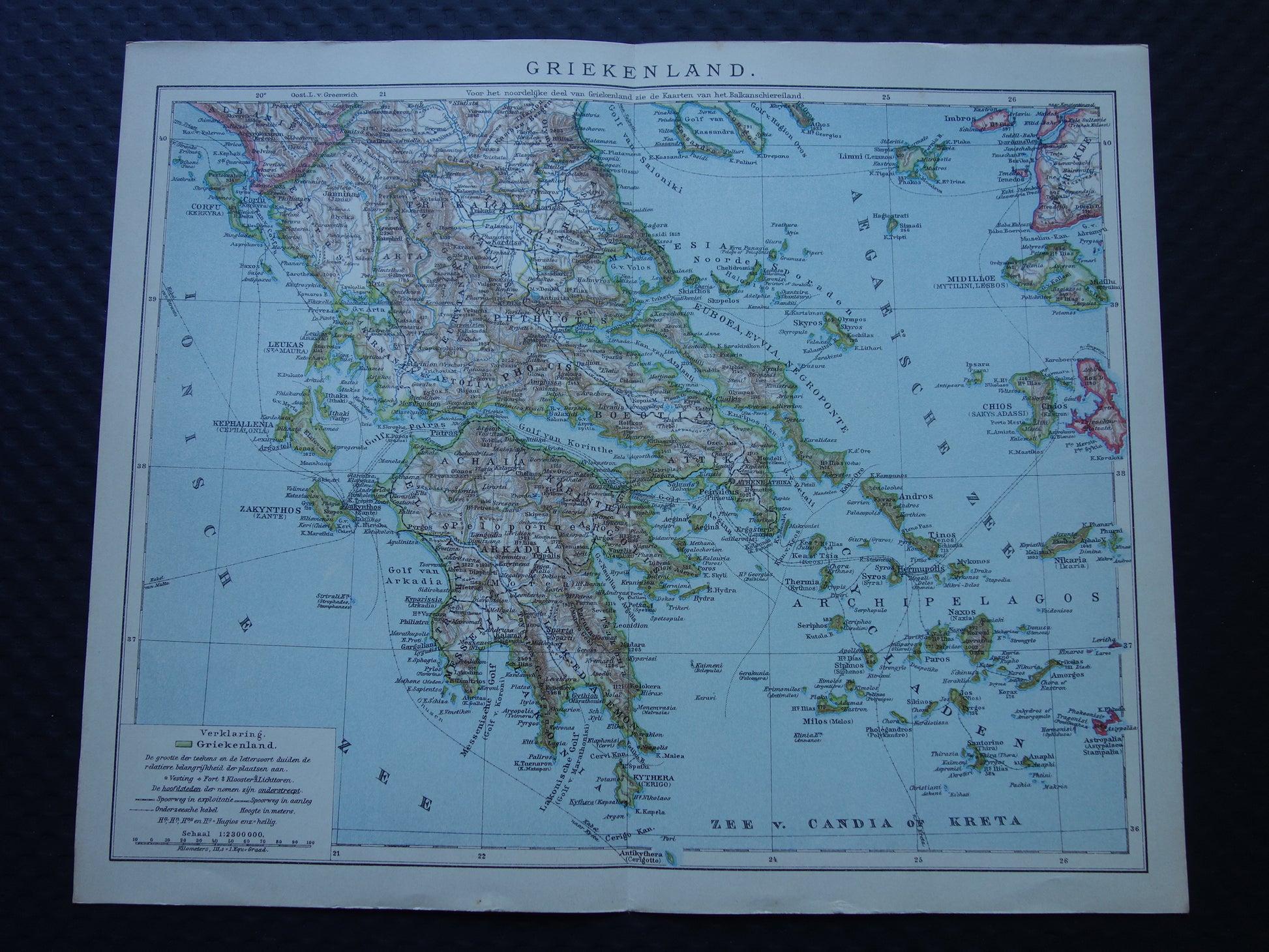 Oude landkaart van GRIEKENLAND uit 1917 Originele antieke Nederlandse landkaart
