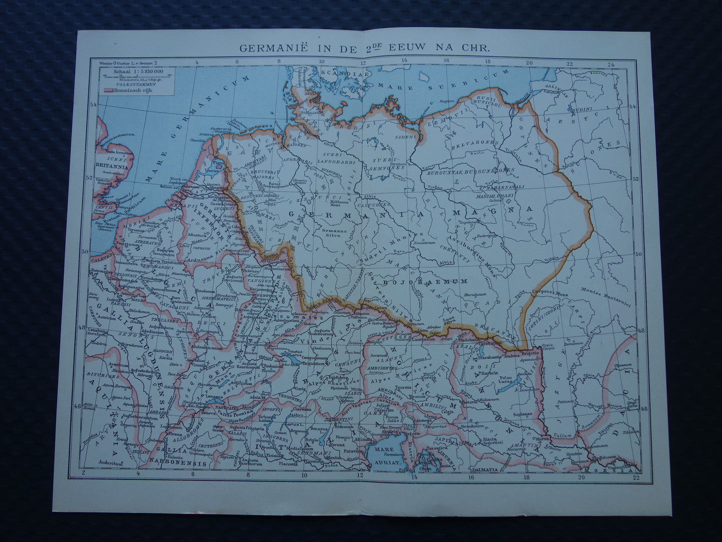 Germanië en het Romeinse Rijk vintage Nederlandse kaart uit 1917 originele oude historische landkaart 2e eeuw na Christus Limes