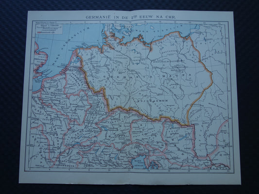 Germanië en het Romeinse Rijk vintage Nederlandse kaart uit 1917 originele oude historische landkaart 2e eeuw na Christus Limes