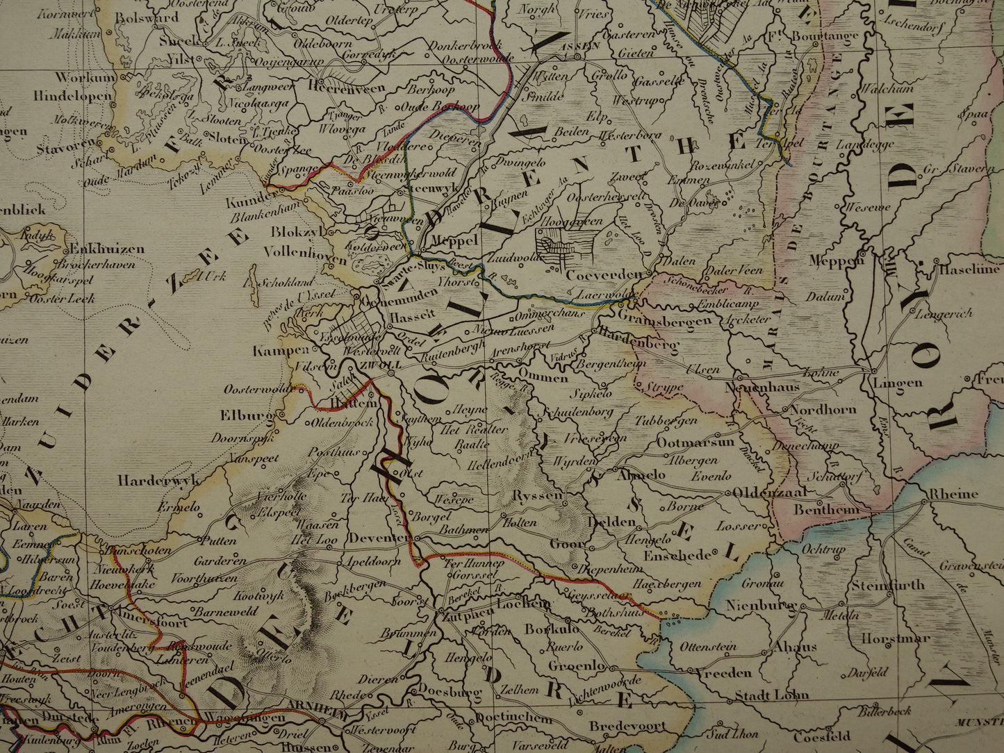 Oude kaart van Nederland en België in 1850 Grote originele antieke landkaart met prachtige kleuren
