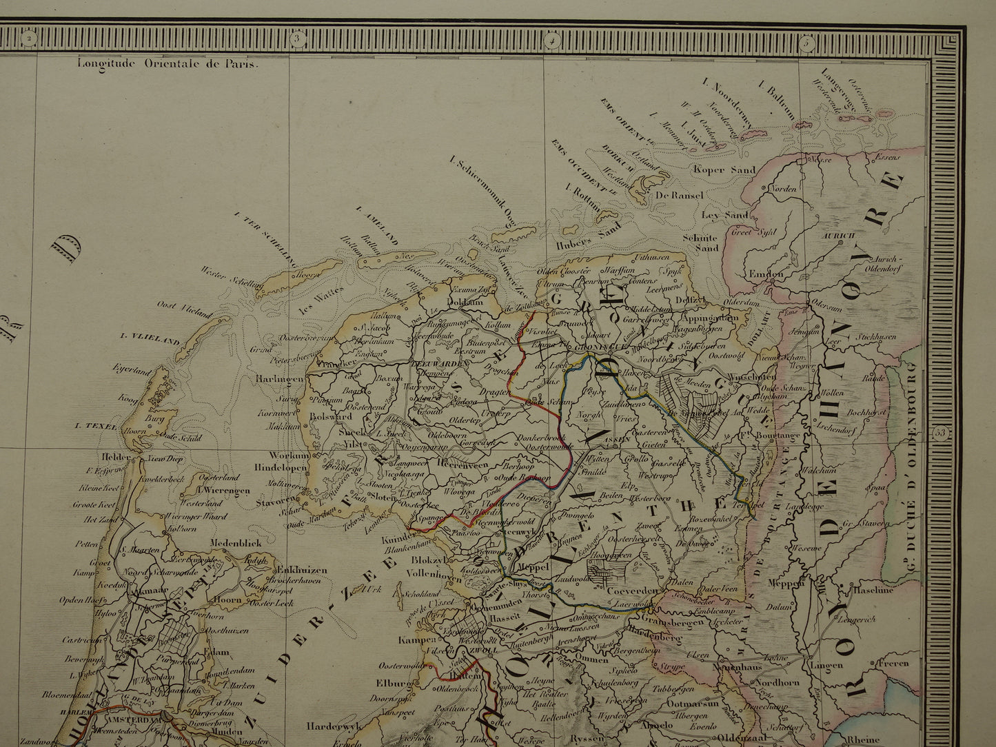 Oude kaart van Nederland en België in 1850 Grote originele antieke landkaart met prachtige kleuren