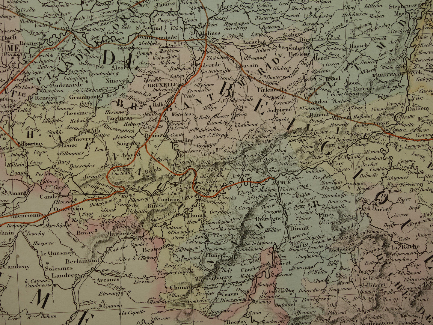 Oude kaart van Nederland en België in 1850 Grote originele antieke landkaart met prachtige kleuren