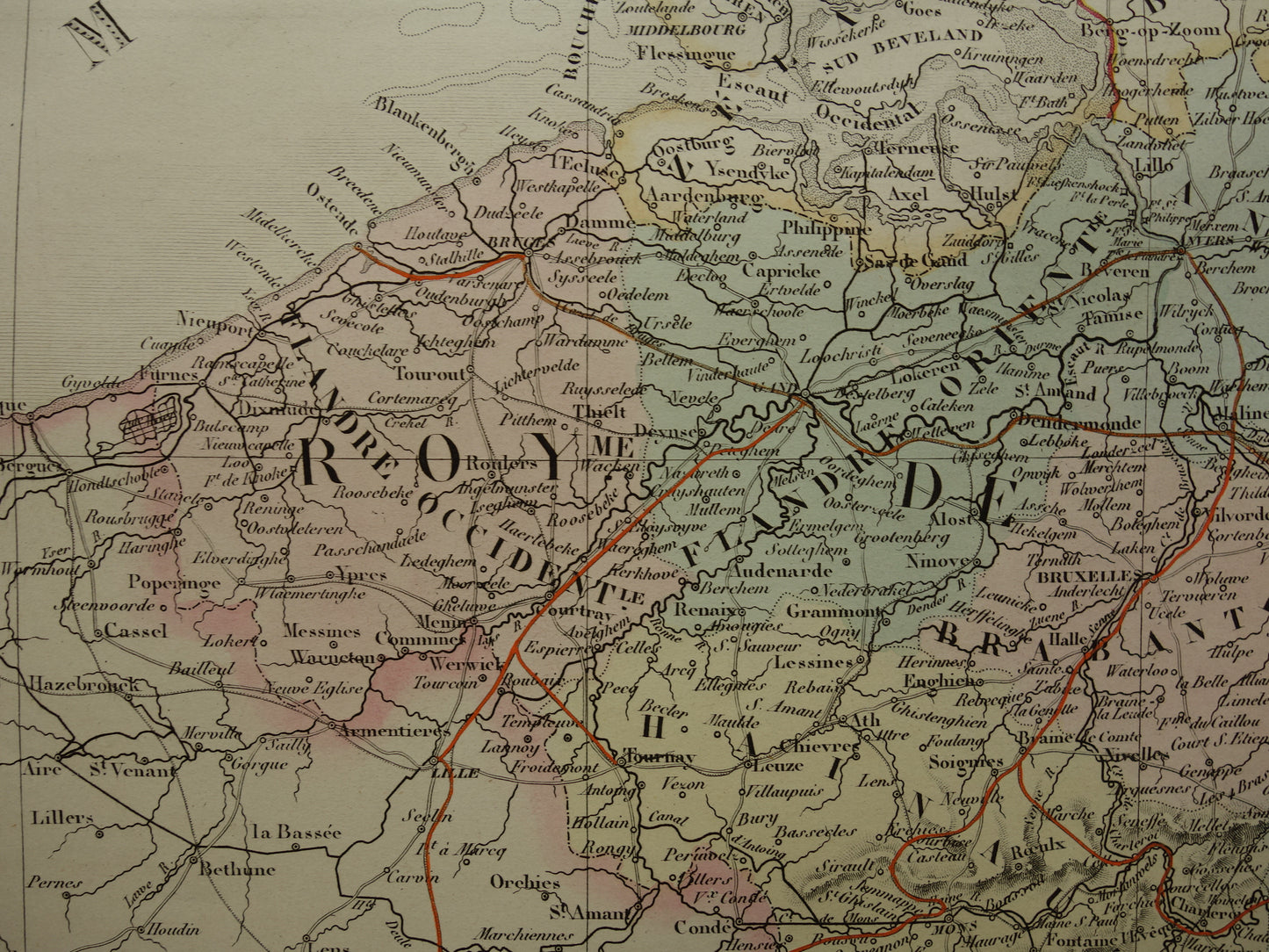 Oude kaart van Nederland en België in 1850 Grote originele antieke landkaart met prachtige kleuren