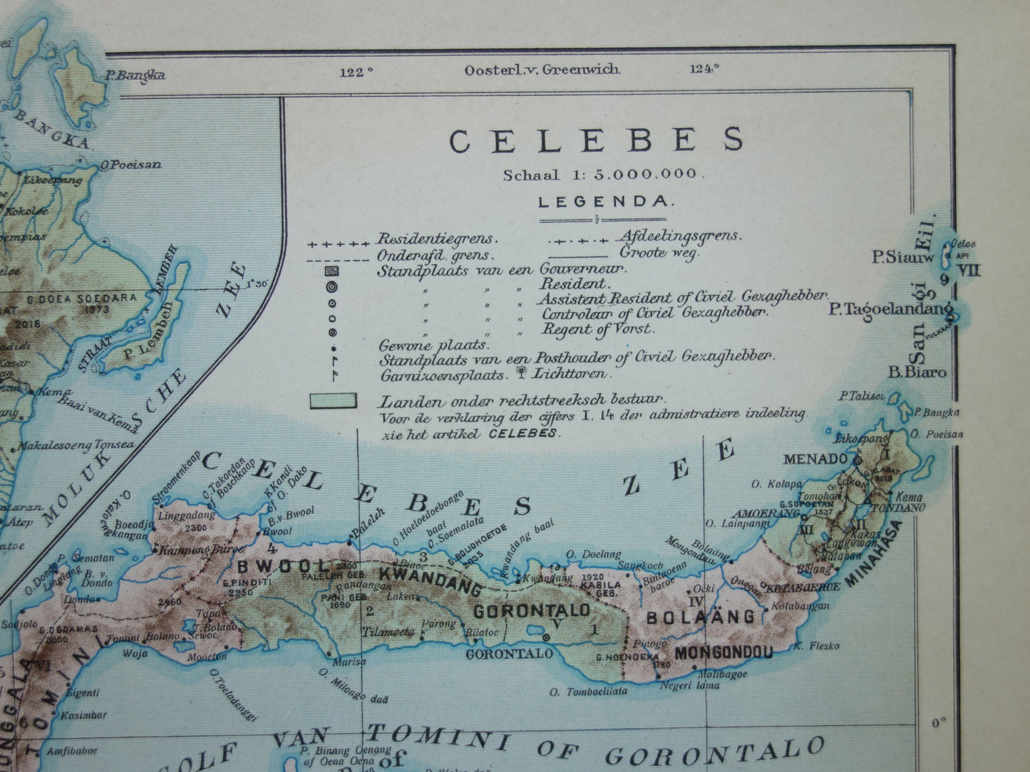 Sulawesi oude kaart van Celebes Indonesië 1915 originele antieke Nederlandse landkaart historische kaarten Minahassa Makassar