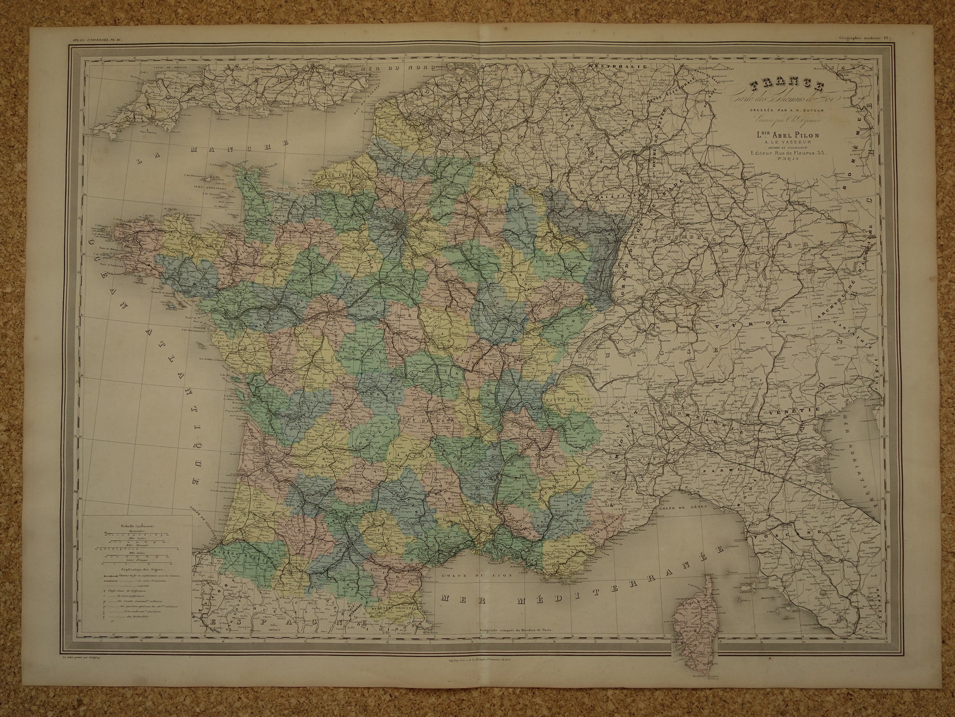 Oude landkaart van Frankrijk uit 1886 zeer grote antieke kaart Vintage handgekleurde kaarten