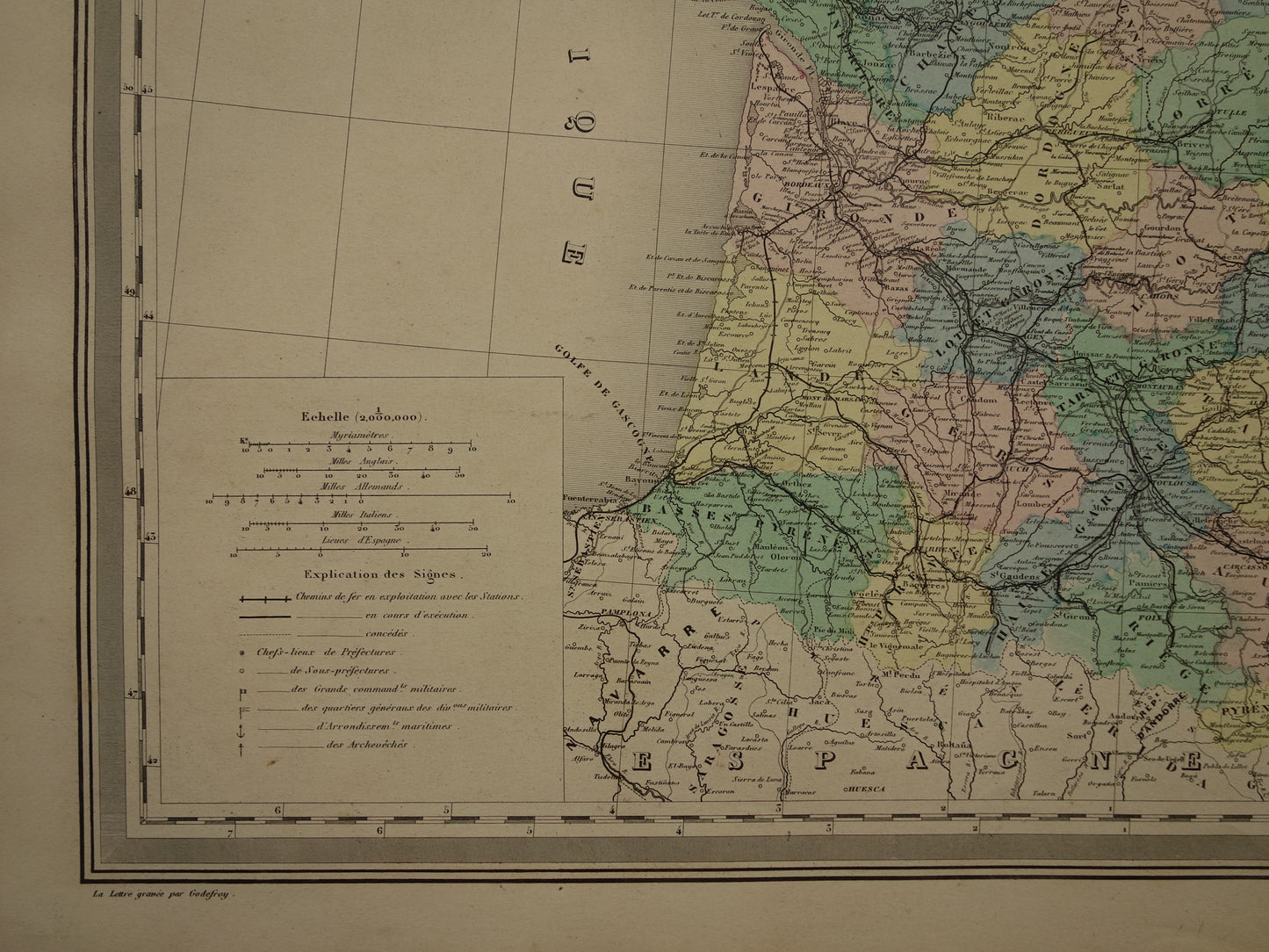 Old map of France from 1886 very large antique map Vintage hand-colored maps