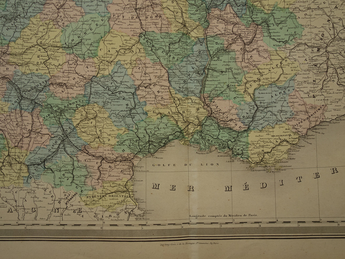 Old map of France from 1886 very large antique map Vintage hand-colored maps