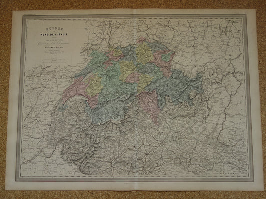 ZWITSERLAND Grote antieke landkaart van Zwitserland 1880 originele oude kaart te koop