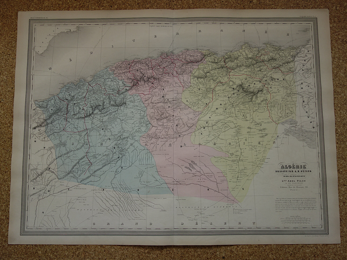 Große alte Karte von Algerien aus dem Jahr 1880, antike Karte von Algier, originale Vintage-Karten