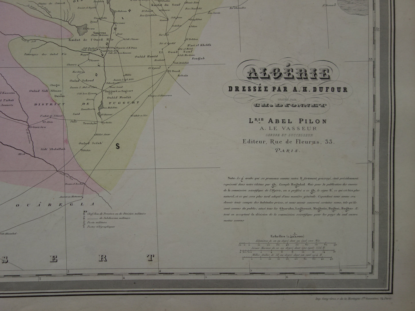 Große alte Karte von Algerien aus dem Jahr 1880, antike Karte von Algier, originale Vintage-Karten