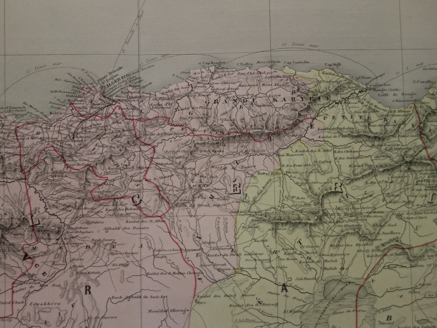 Große alte Karte von Algerien aus dem Jahr 1880, antike Karte von Algier, originale Vintage-Karten