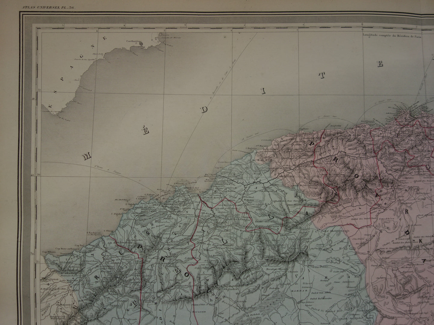 Große alte Karte von Algerien aus dem Jahr 1880, antike Karte von Algier, originale Vintage-Karten